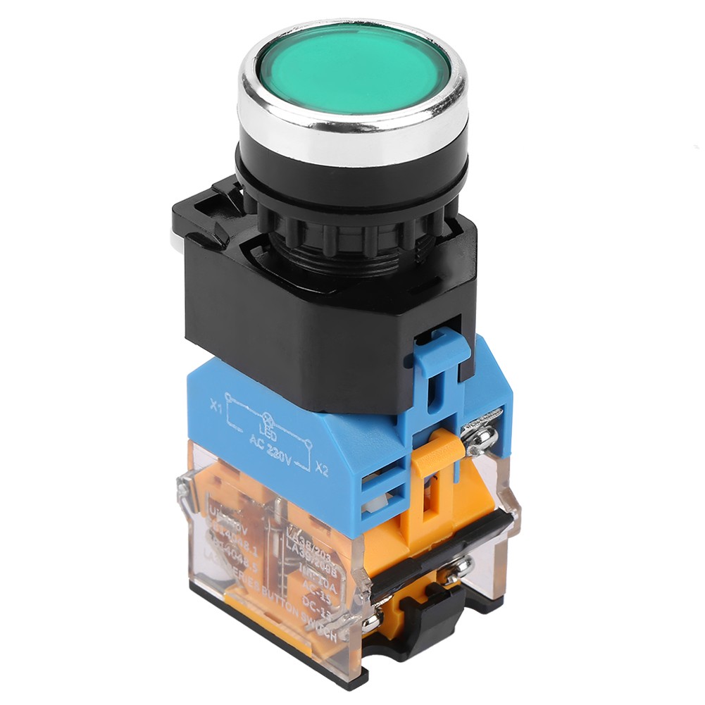 LED Green Push Button Momentary Switch 22mm Flat Head 220V For Starter Control
