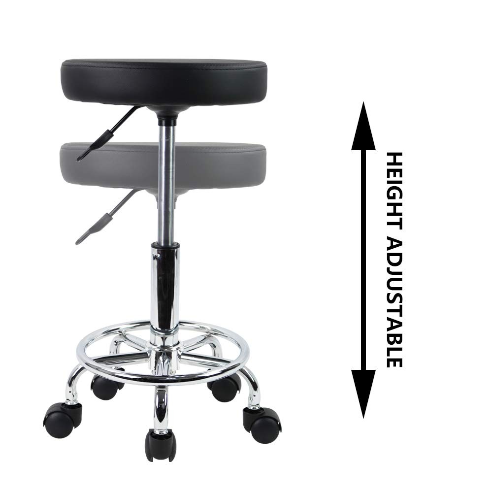 Leather Round Rolling Stool with Foot Rest Swivel Height Adjustment