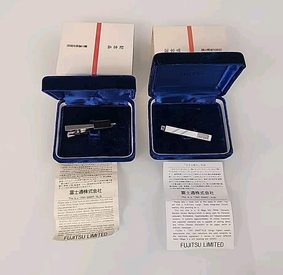 2 x Fujitsu Limited Tiny Giant Silver Tie Clips With Memory Chip Clip Stamped