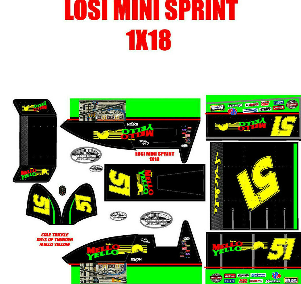 losi mini sprint, slider 1/18  wrap kit decal sticker COLE TRICKLE MELLO YELLOW