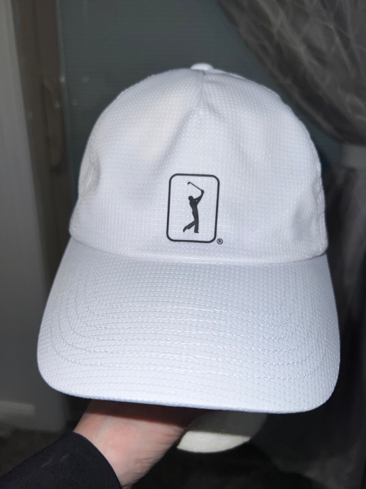 PGA Tour White Hat Cap with PGA Golfer Patch on the front. Strap with Buckle EUC