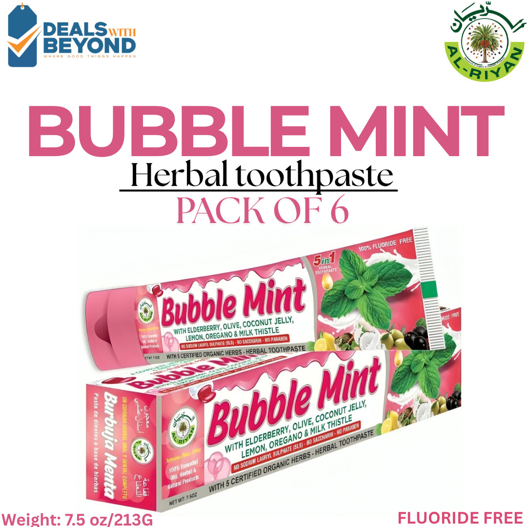 6Pack Organic Bubble Mint Herbal Toothpaste Al Riyan 5 In 1 Fluoride Free 7.5 oz