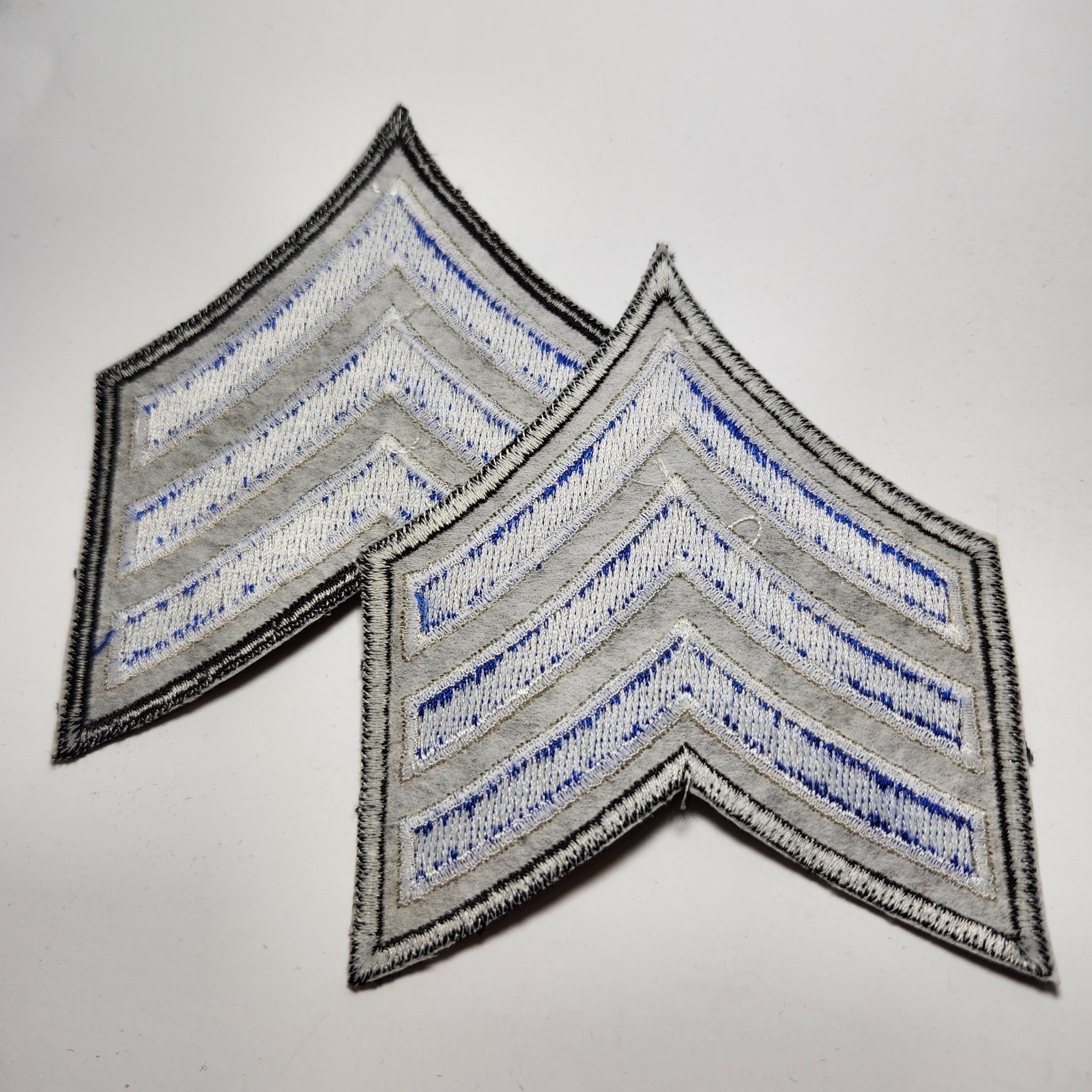(2) Sergeant Chevron - 3.5" Wide - 3 Royal/White Stripes on BLACK Patch & Border