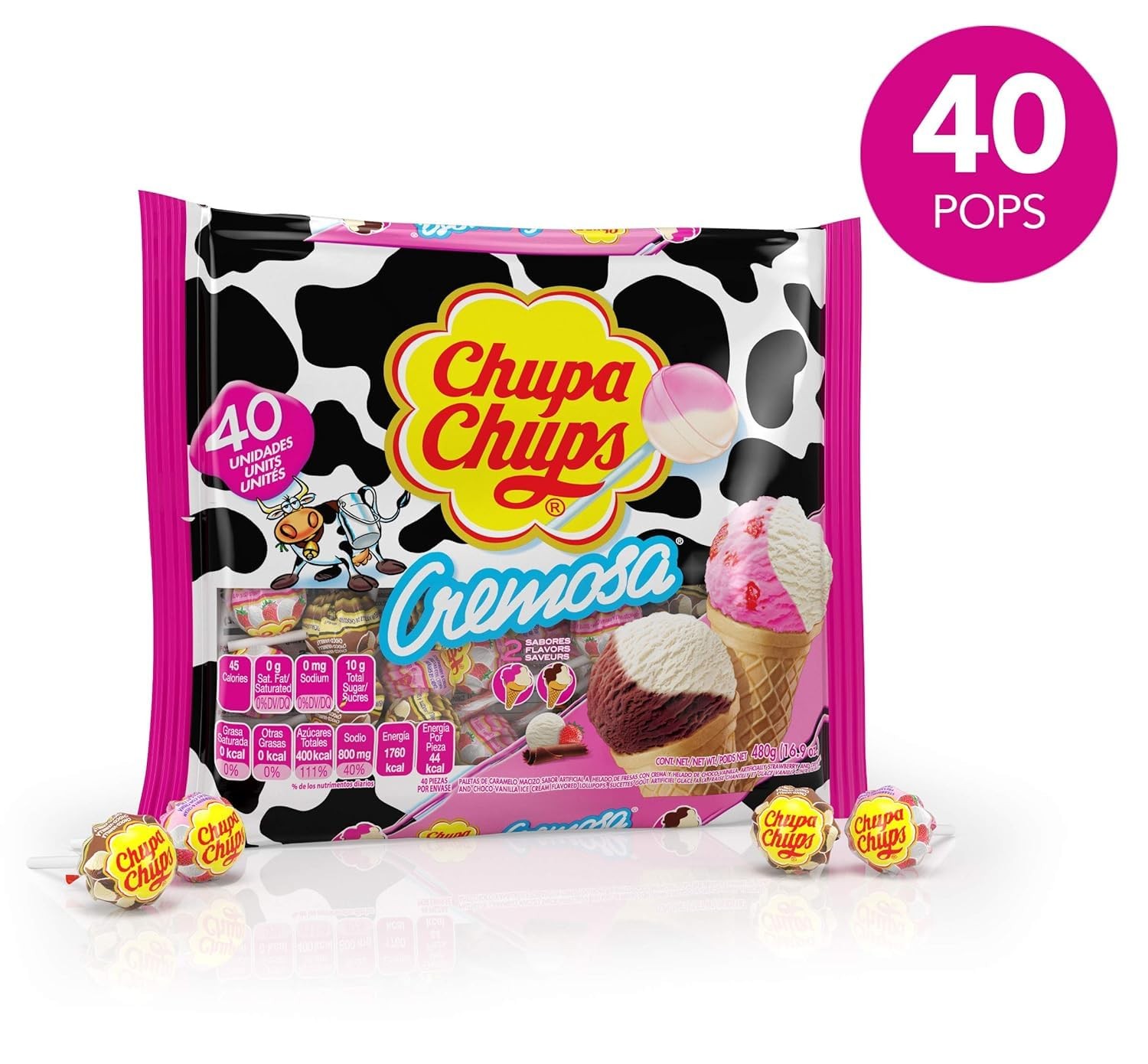 Chupa Chups Cremosa Holiday Candy Lollipop Variety Assortment, 2 Ice Cream Fl...