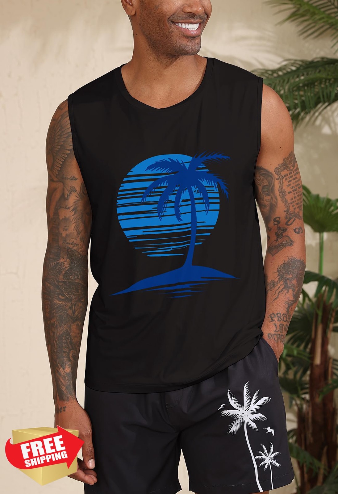 Indoner Men's Sleeveless Tank Top UPF 50+ Palm Tree Gym