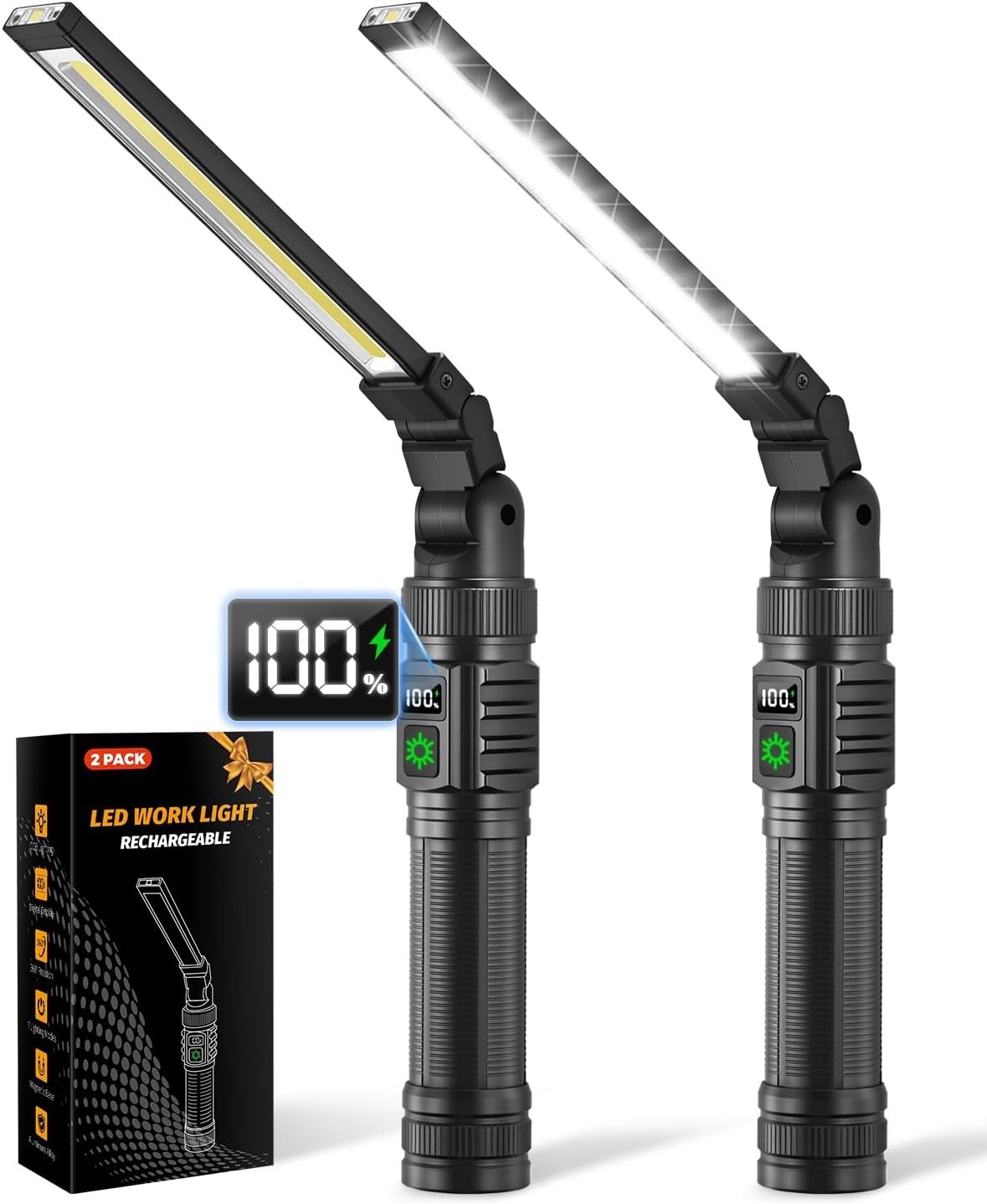 2Pack Magnetic Work Light All Aluminum & 1500 High Lumens Rechargeable Work