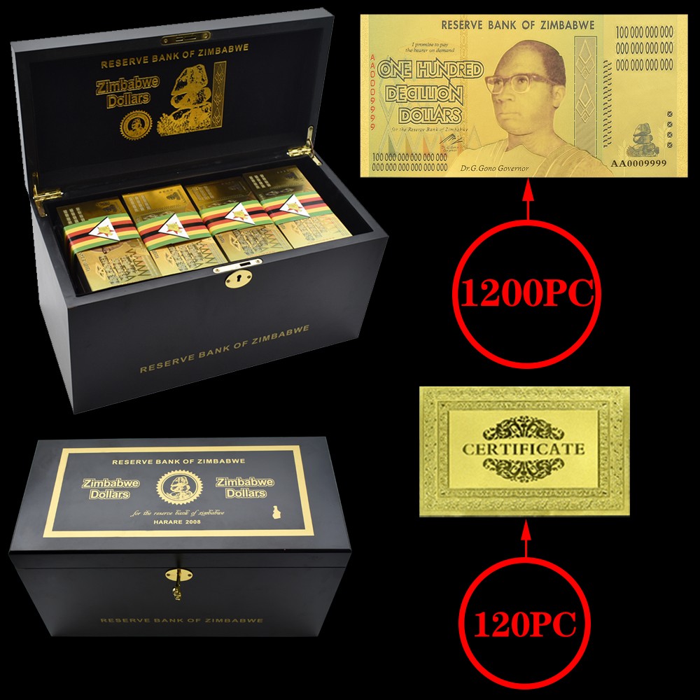 1200PC/Box Zimbabwe One Hundred Decillion Dollars Gold Foil Banknotes Set Gift