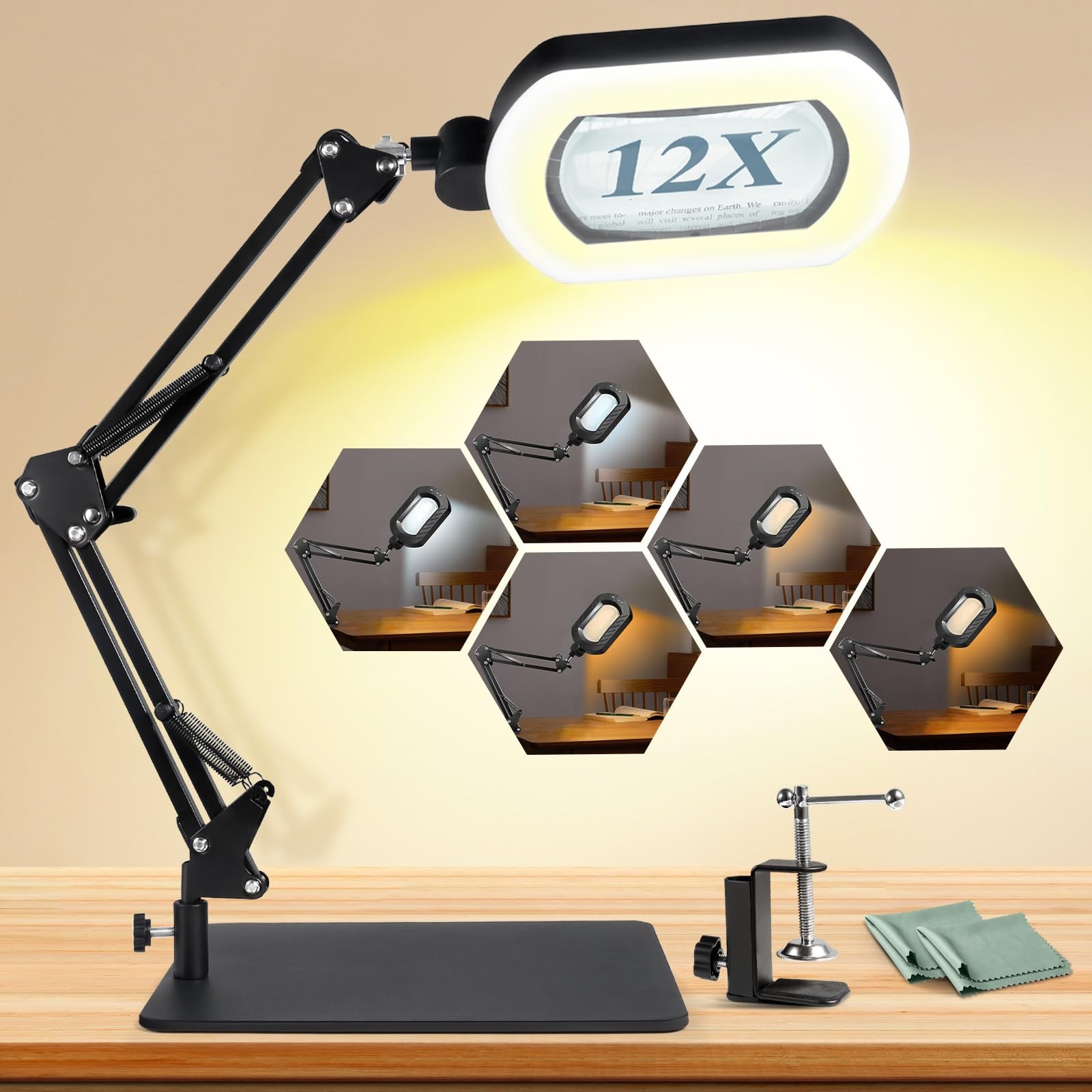 12X Square Magnifying Glass with Large Light, Black