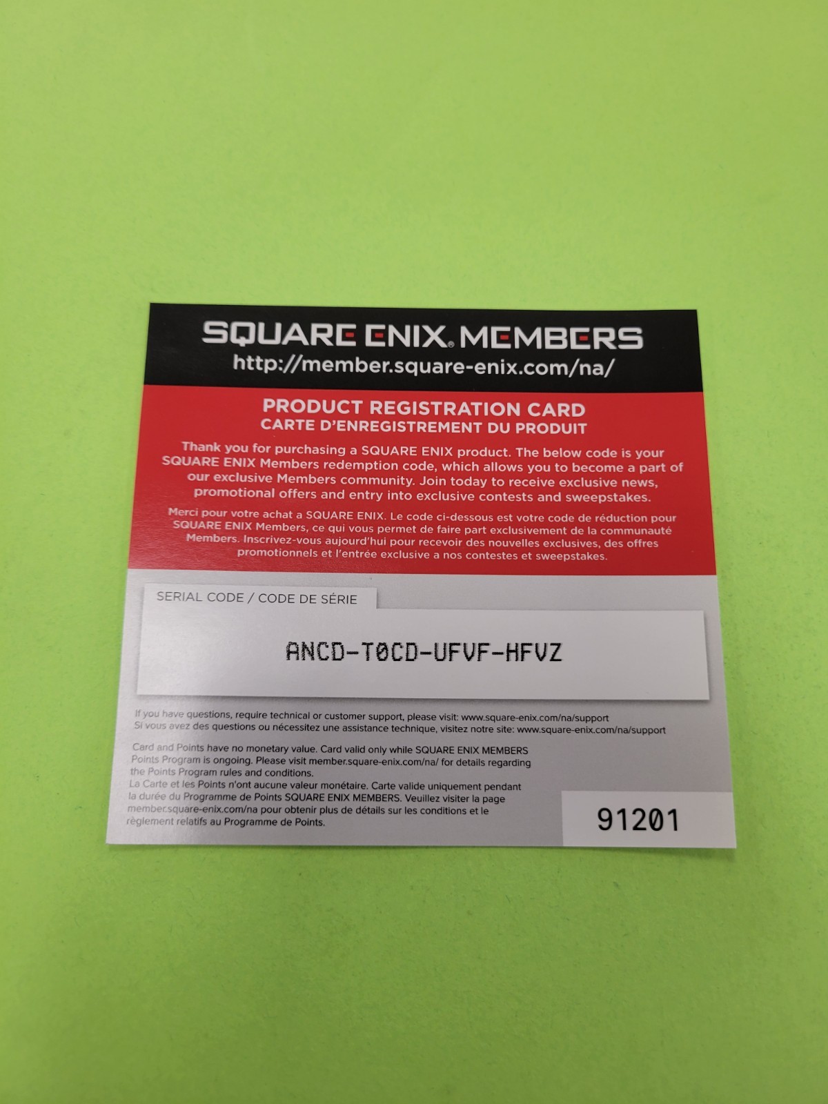 Square Enix Product Registration Card Insert