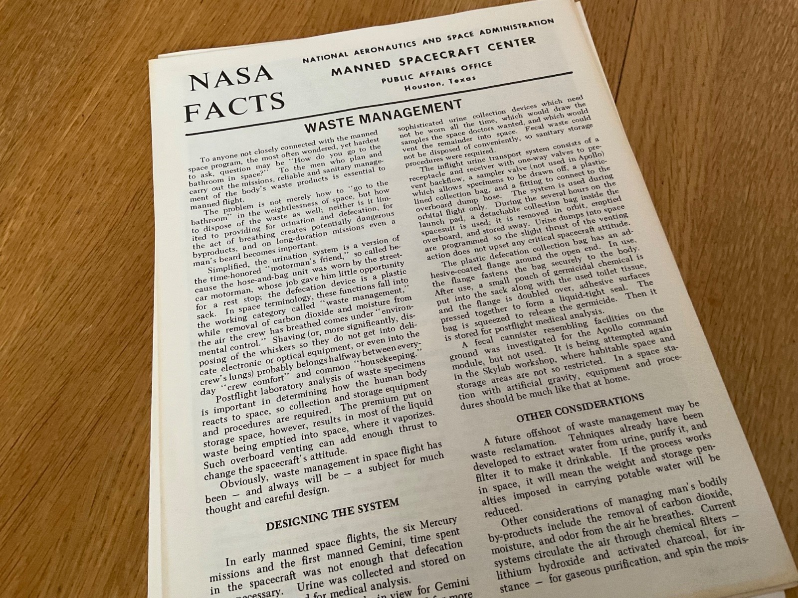 1970’S NASA SPACE CENTRE FACTS SHEET, ‘WASTE MANAGEMENT’