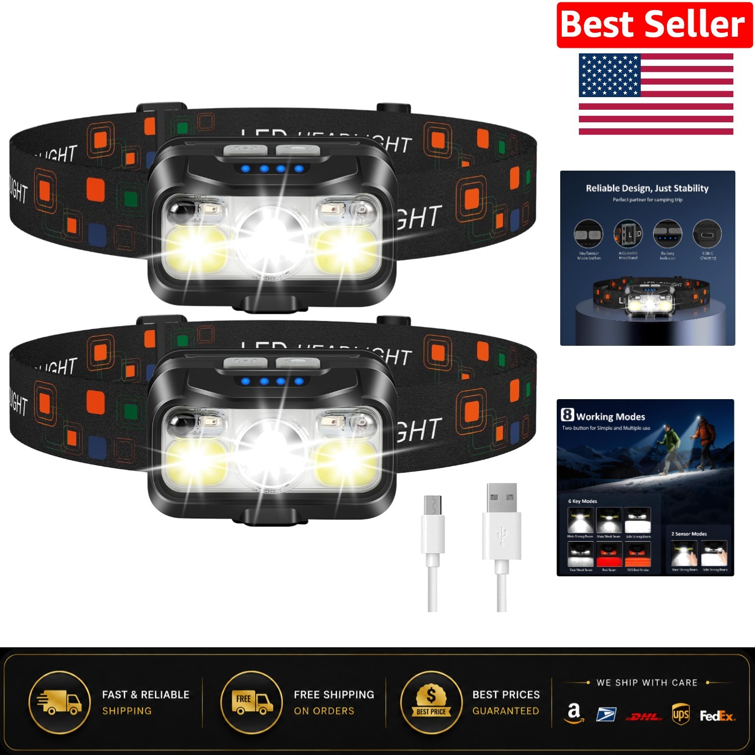 Ultra-Light & Waterproof Rechargeable Headlamps with 8 Modes - 2 Pack Gift Set