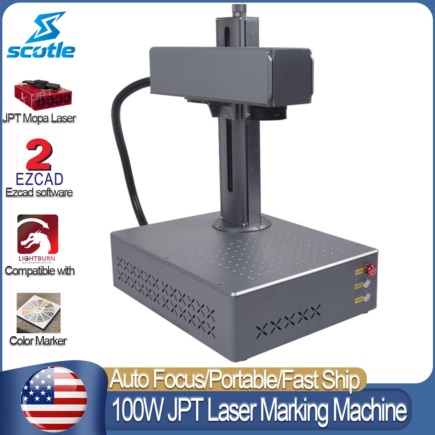 Sctole 100W JPT Portable Auto Focus Fiber Laser Marking Machine Color Engravers