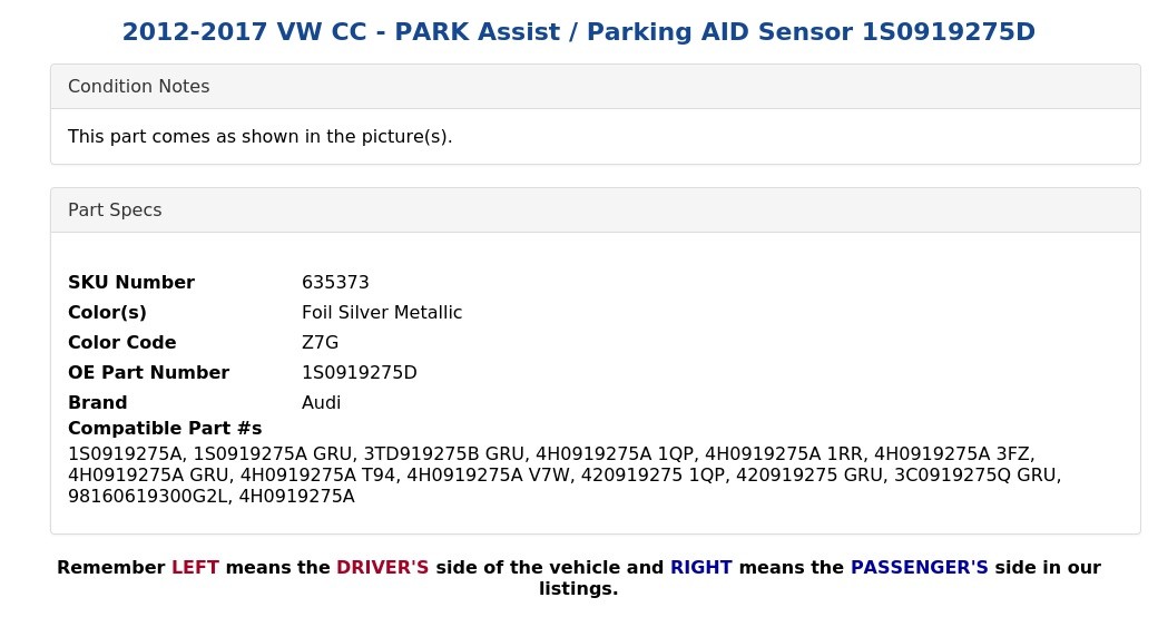 2012-2017 VW CC - PARK Assist / Parking AID Sensor 1S0919275D