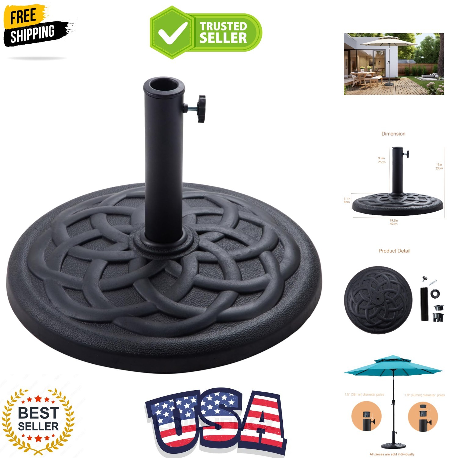 31 lb Heavy Duty Round Base Stand for Patio Outdoor Market Table Umbrella, Black