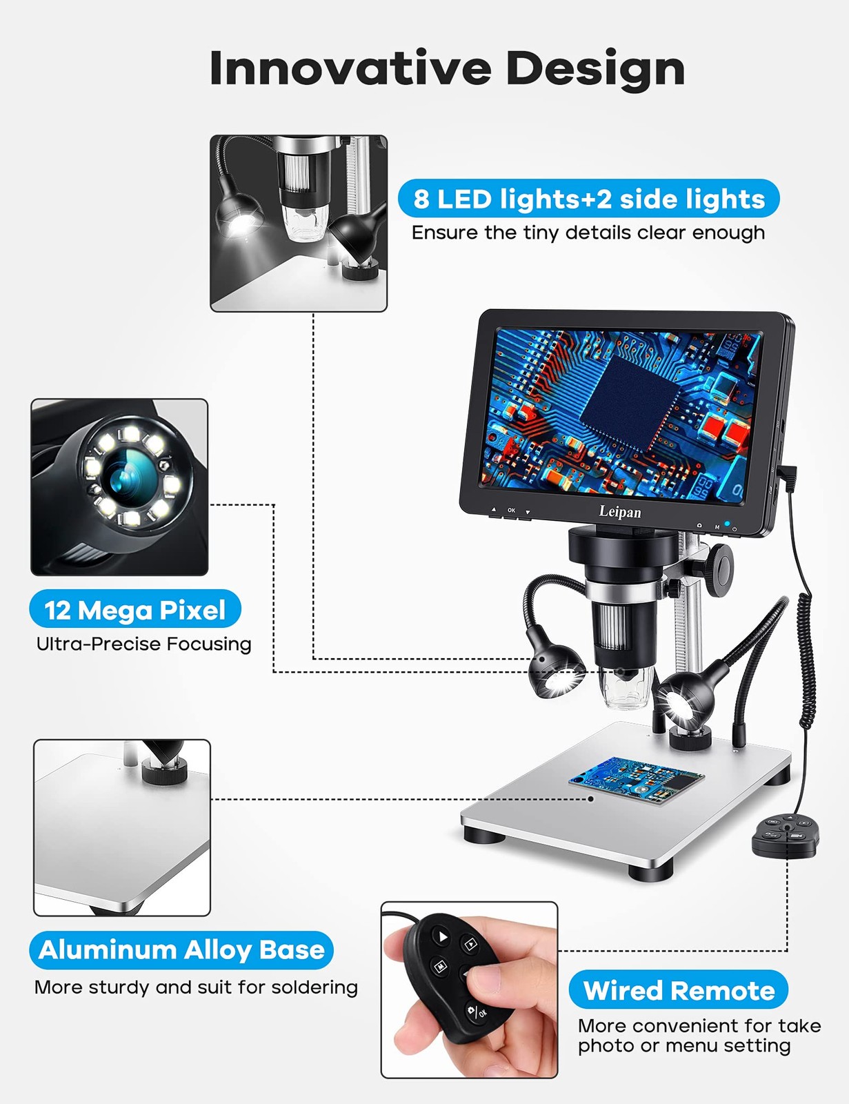7" LCD Digital Microscope 1200X,Leipan 12MP DM9-7" Microscope, Black