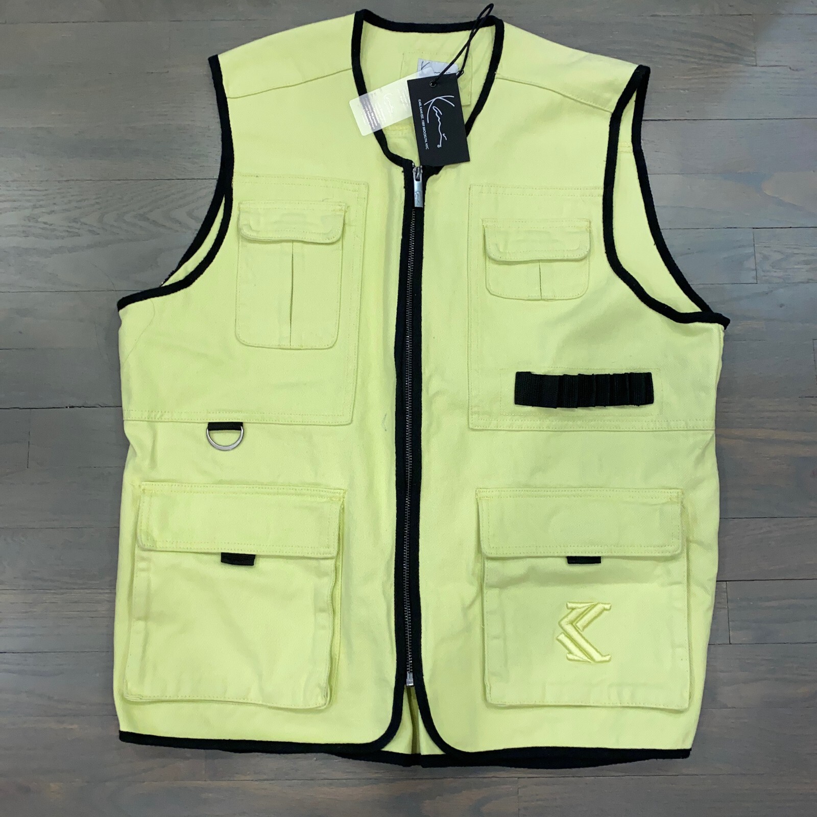Karl Kani Neon Yellow Denim Utility Vest Retro 90's Men's Size Large NWOT