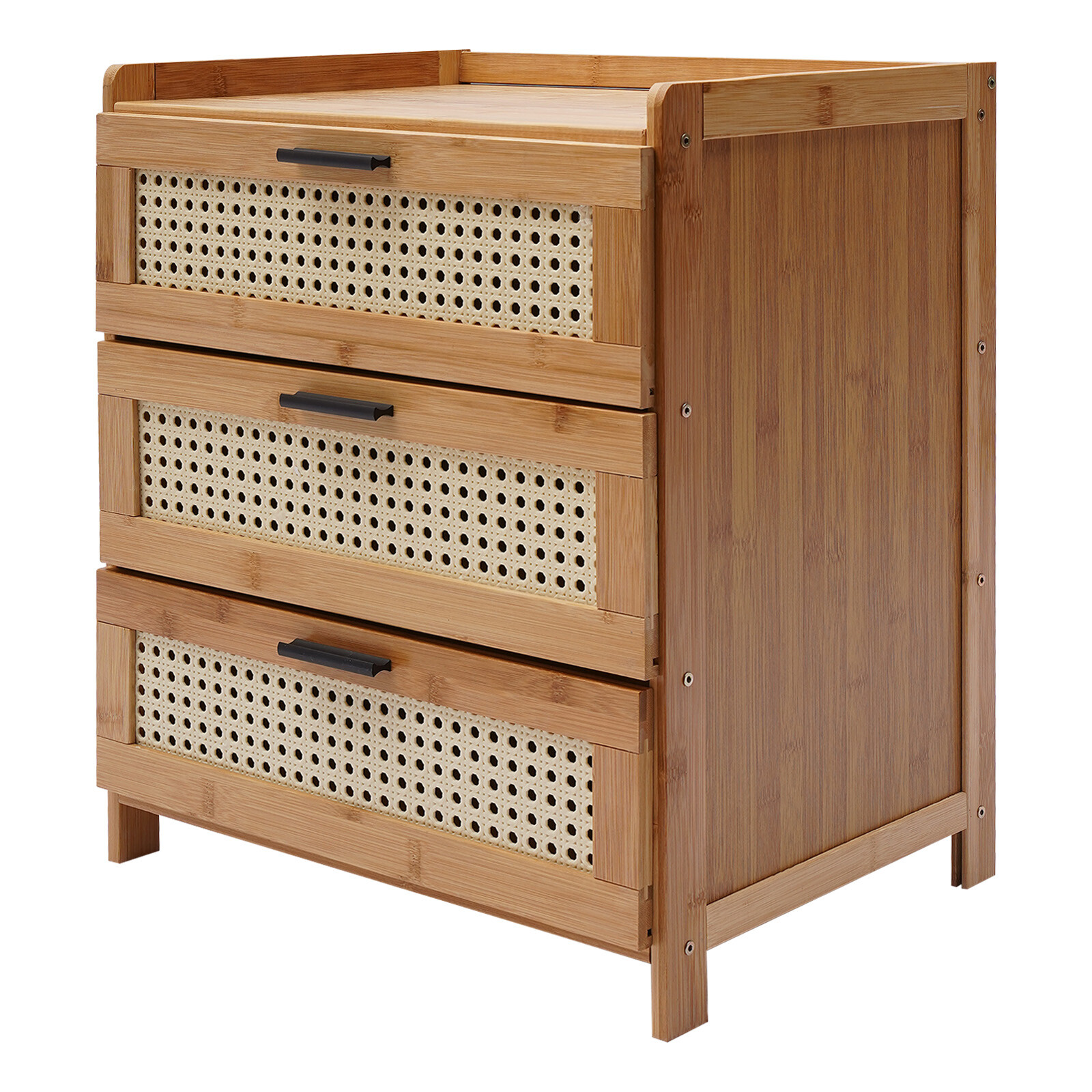 Bamboo Wood Bedside Table End Table 3 Sliding Drawers Nightstand Storage Cabinet