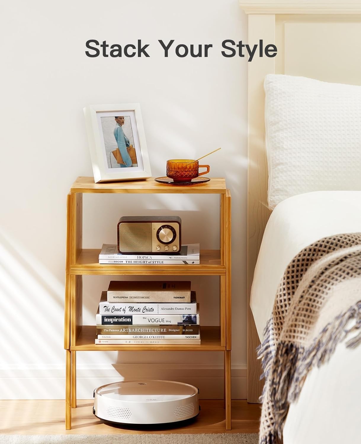Set of 2 Bamboo Stackable Bedside Table, Night Stands with Storage Shelf