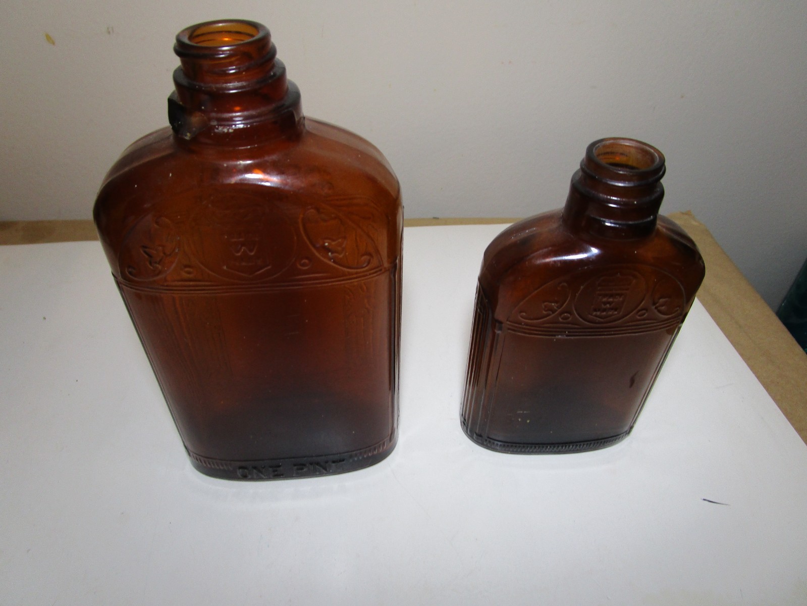 2 Vintage Hiram Walker Whiskey Bottles One Pint and Half Pint Trade Mark W
