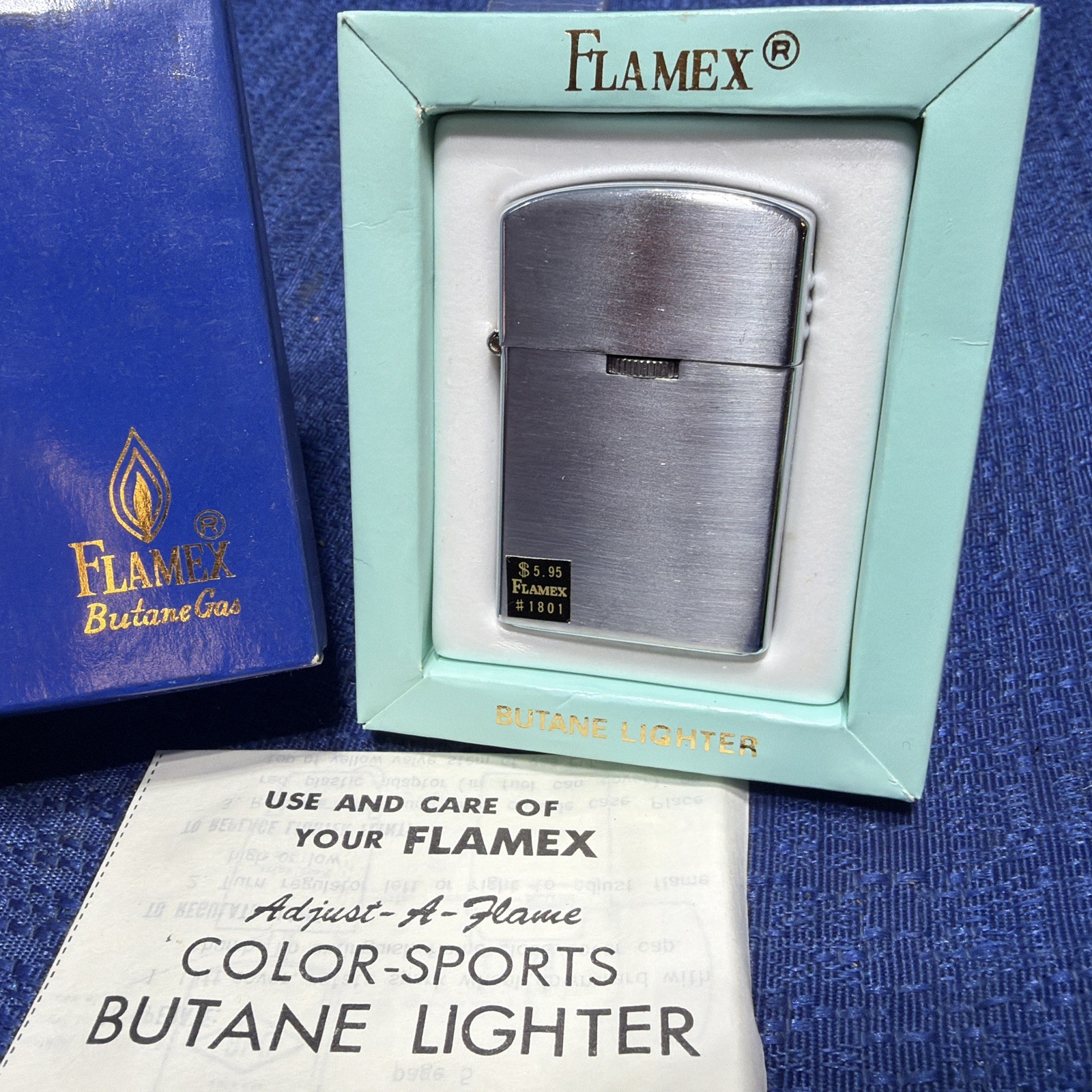 NOS Flamex Butane Lighter w/ Silver-tone  Case Vintage New Old Stock