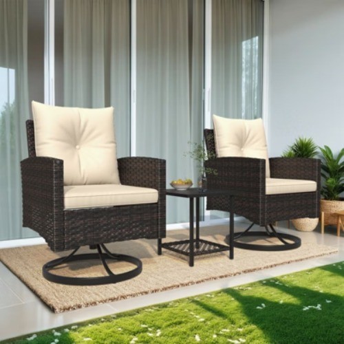 HOMMOW 3-piece Outdoor Swivel Rocker Patio Chairs Set, Rattan Patio Bistro Set