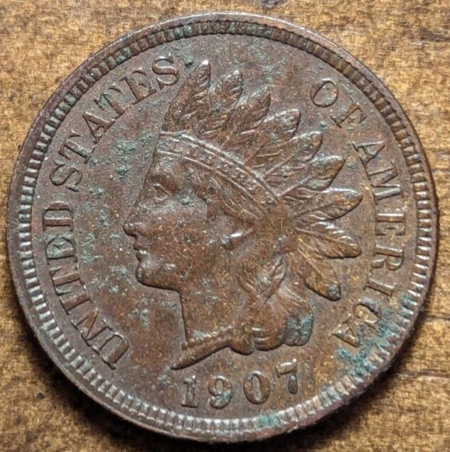 1907 Indian Head Cent Penny About Uncirculated AU 4 Diamonds Corrosion Spotting