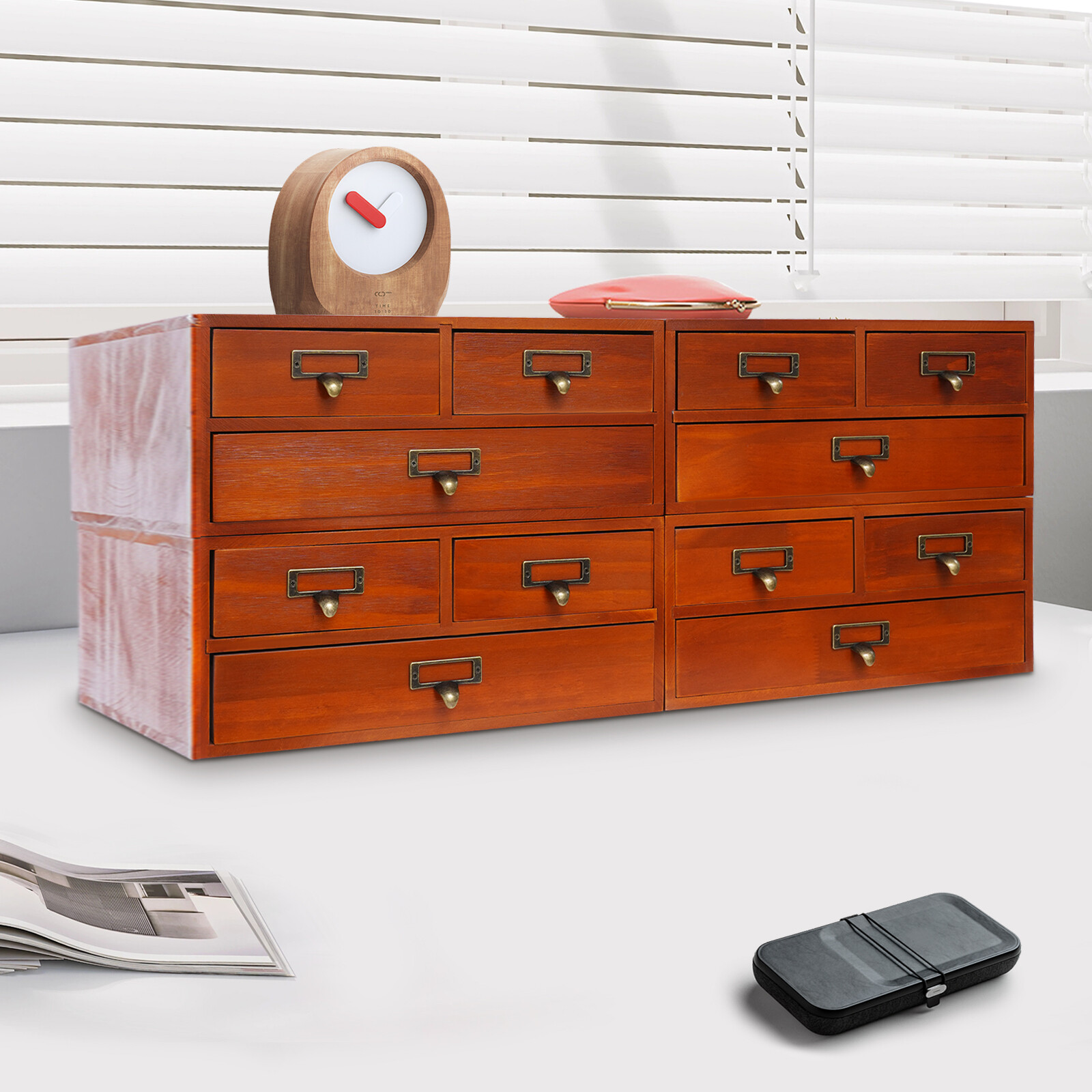4pcs 3 Drawer Wooden Desktop Organizer Drawer Storage Box For Tabletop Brown