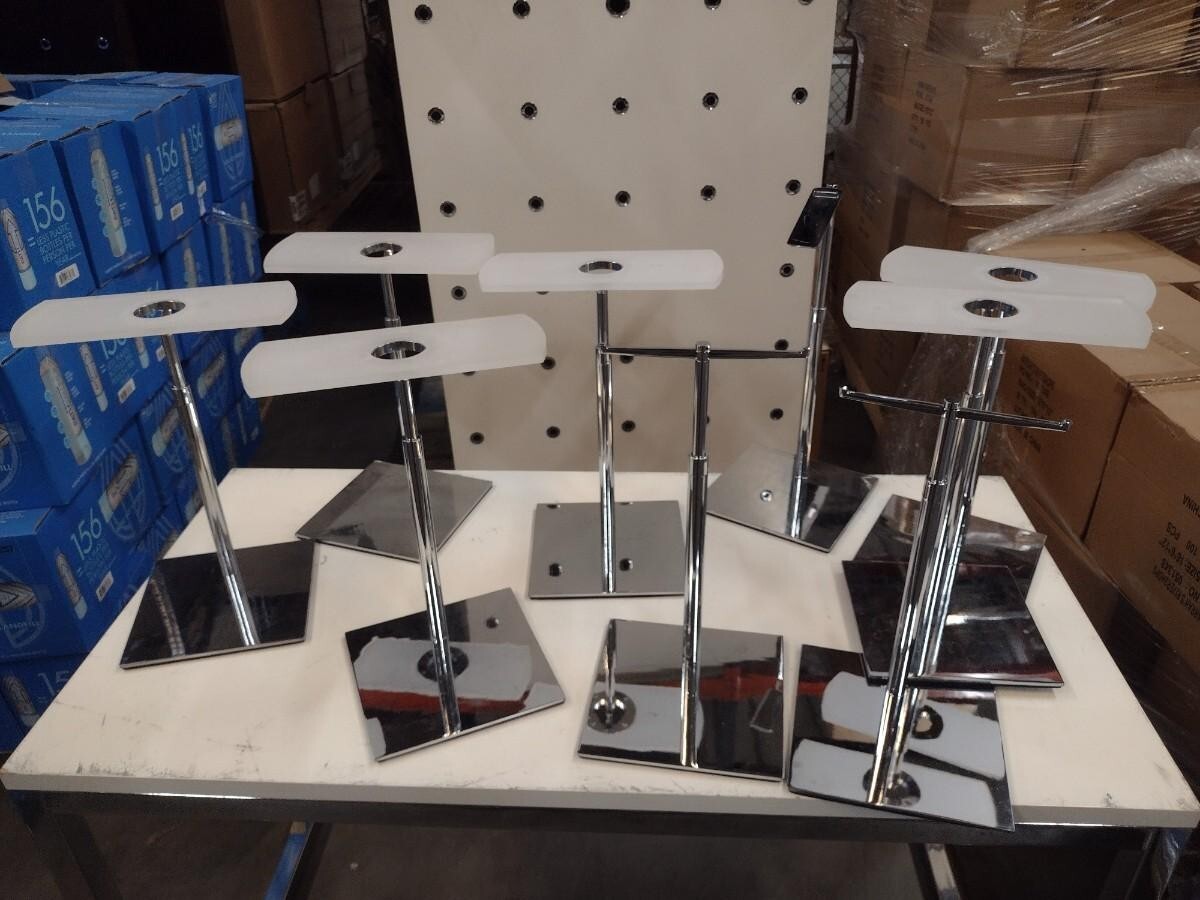 Lot of 9 Tabletop Hard Chrome & Acrylic Luxury Retail Displays by Cubic (MN)