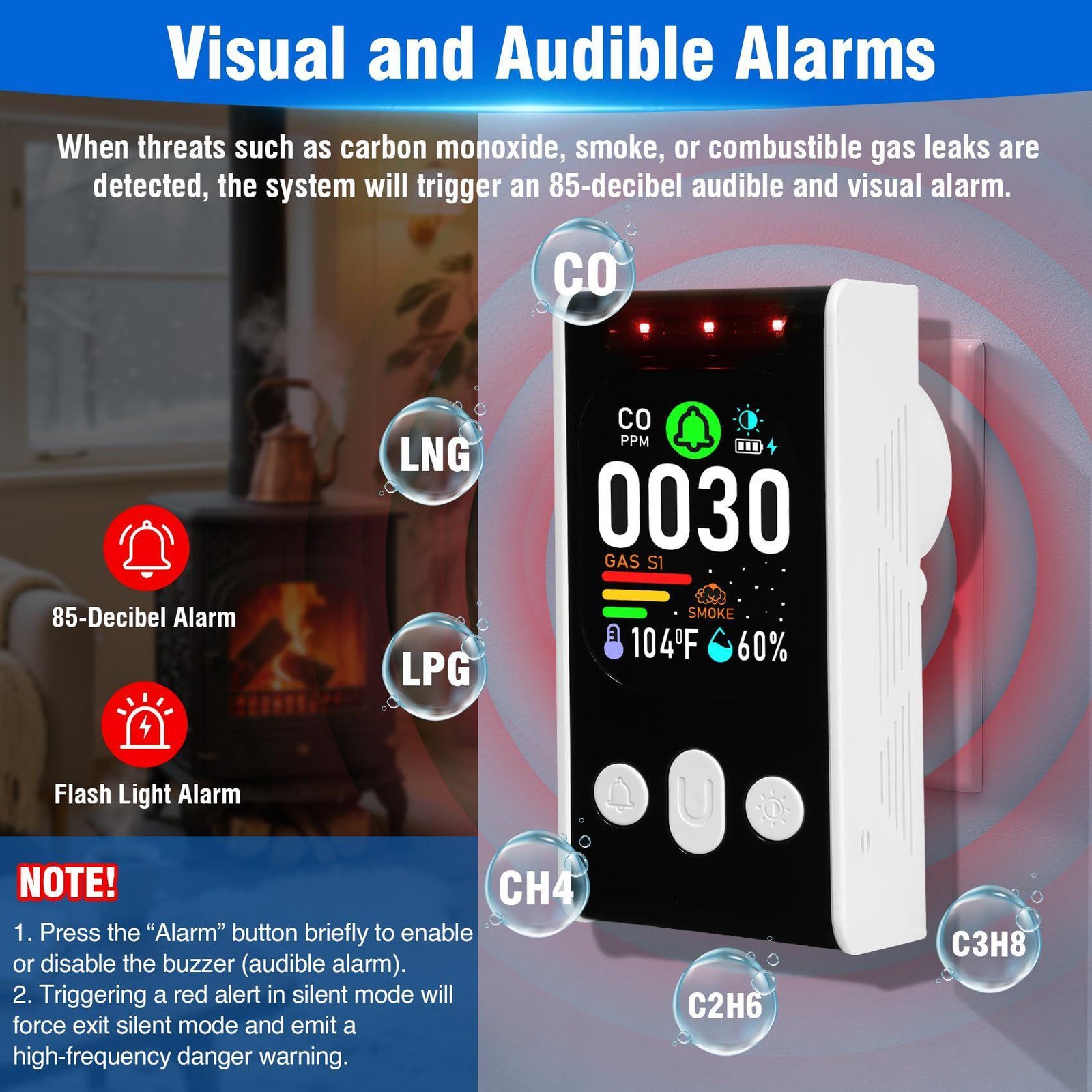 4-IN-1 CARBON MONOXIDE MONITOR WITH BACKUP BATTERY TEMP & HUMIDITY GASLEAK ALARM