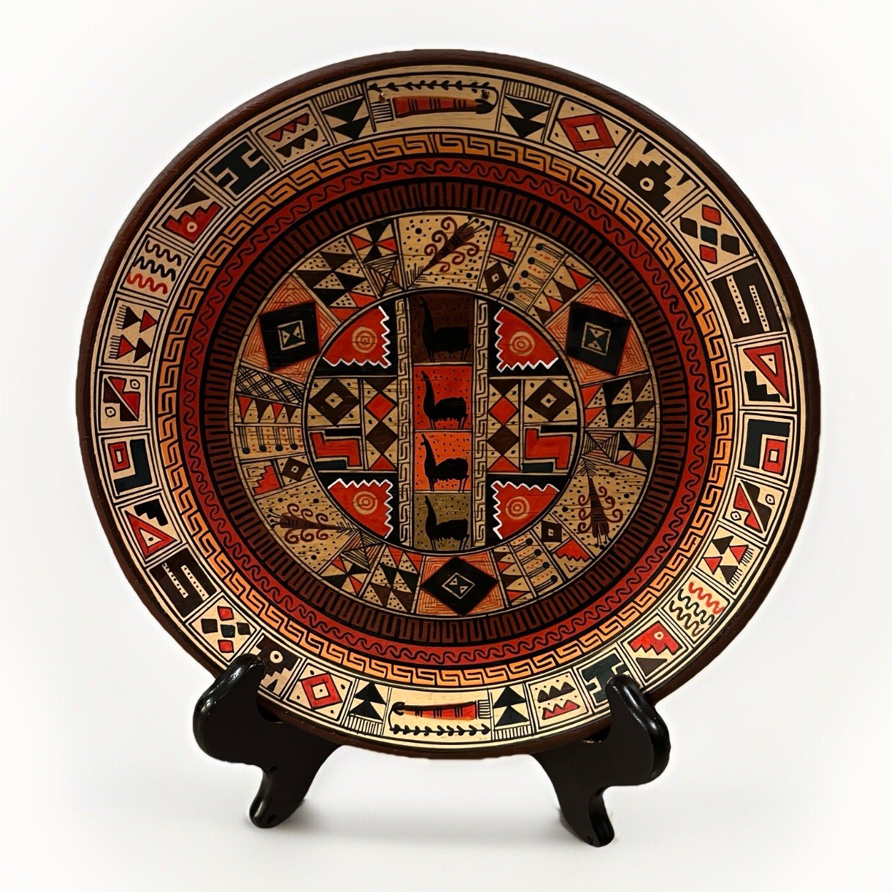 Vintage Hand-Painted Peruvian Wooden Plate 8” - Andean Folk Art Wall Hanging
