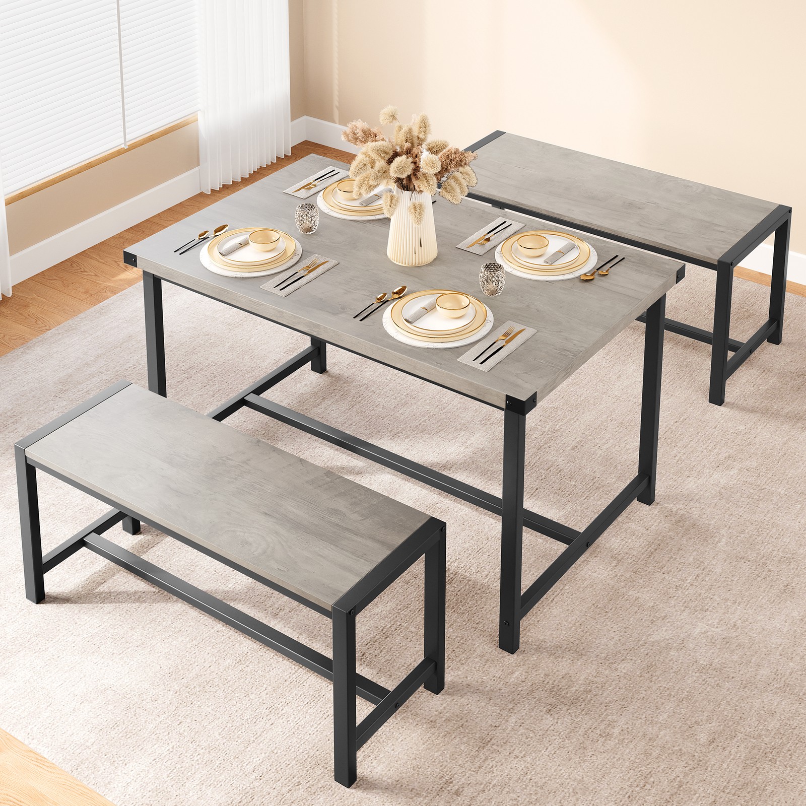 Dining Table Set for 4, Rectangular Kitchen Table with 2 Metal Wood Benches