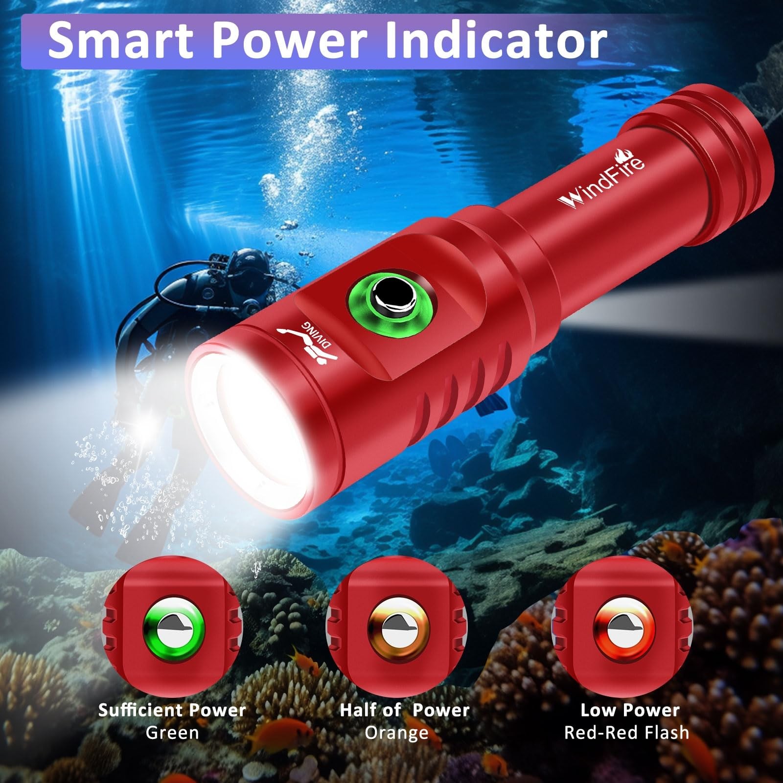 WINDFIRE TS08 Dive Light Super Bright, Scuba Flashlight Red-TS08