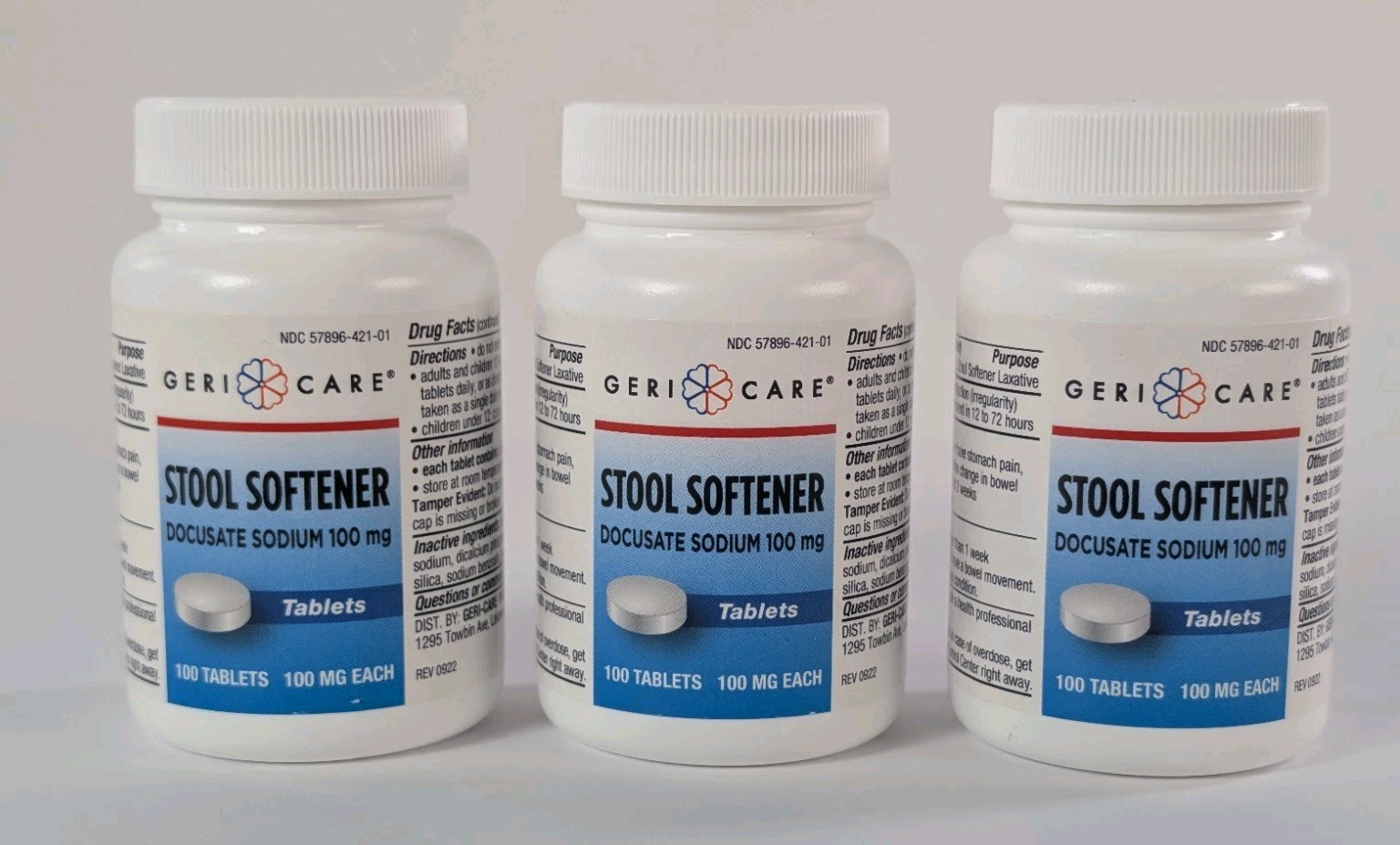 Geri Care Docusate Sodium Stool Softeners 100mg Tablets 100 Count  Pack of 3