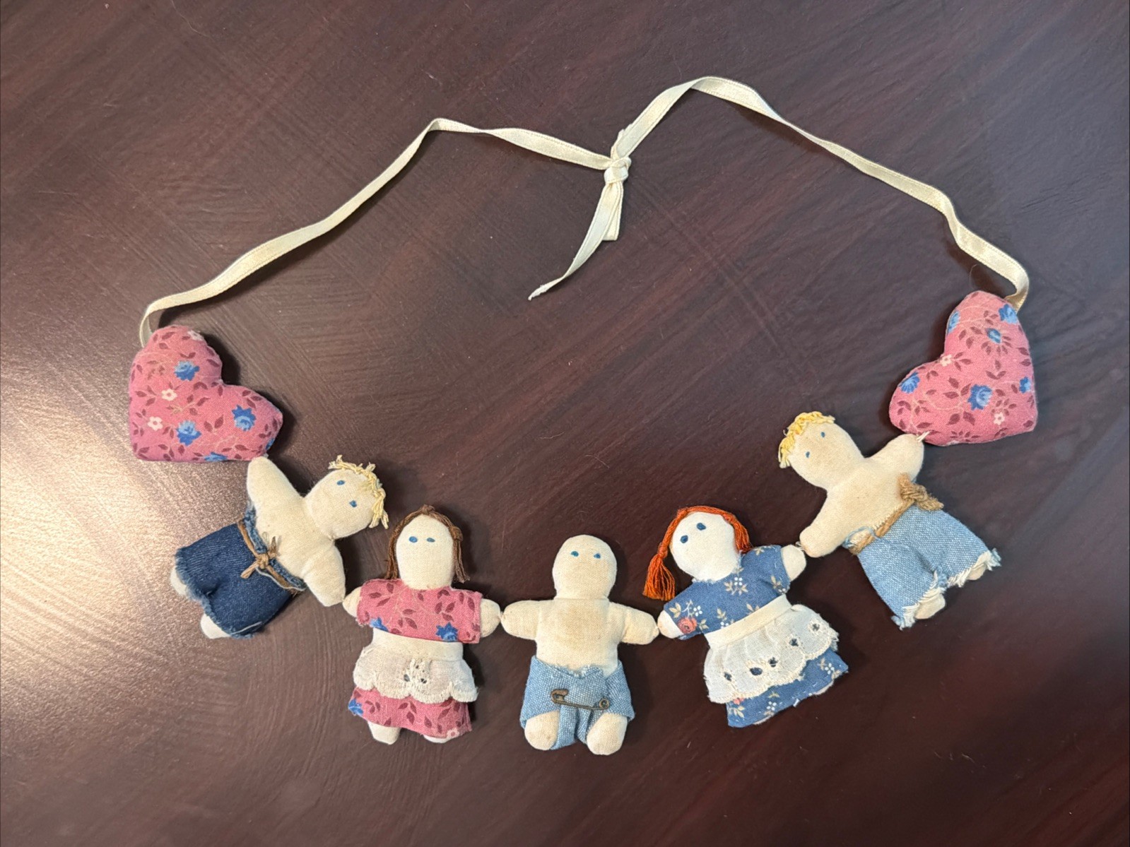 Vintage Hand Sewn Heart And Dolls Homemade Stuffed Children Garland With Pattern