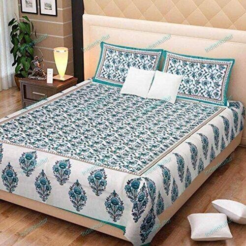 Attartive 3 Kaam Jaal Pure Cotton Green Double Bed Sheet With Two Pillow Cover