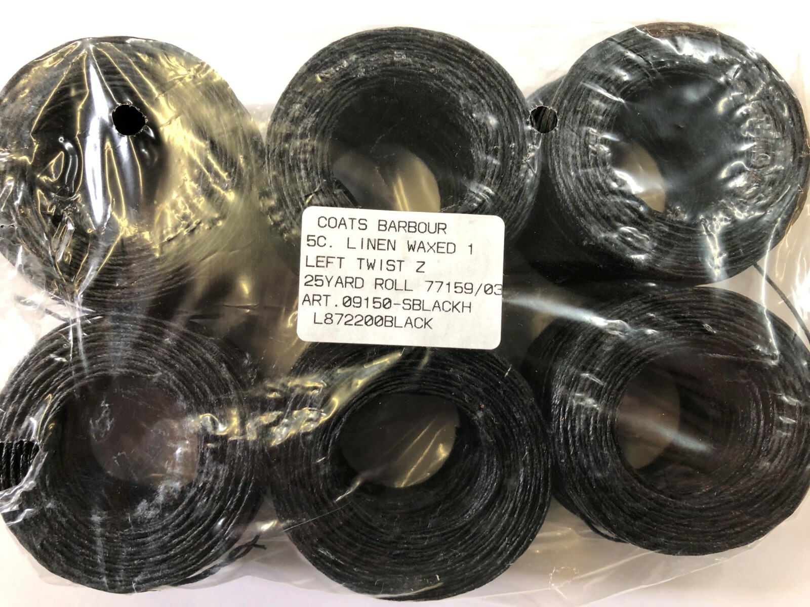 Coats Waxed Linen Cord 5 Ply 20/5 Left Twist Black 12 x 25 YD Rolls New