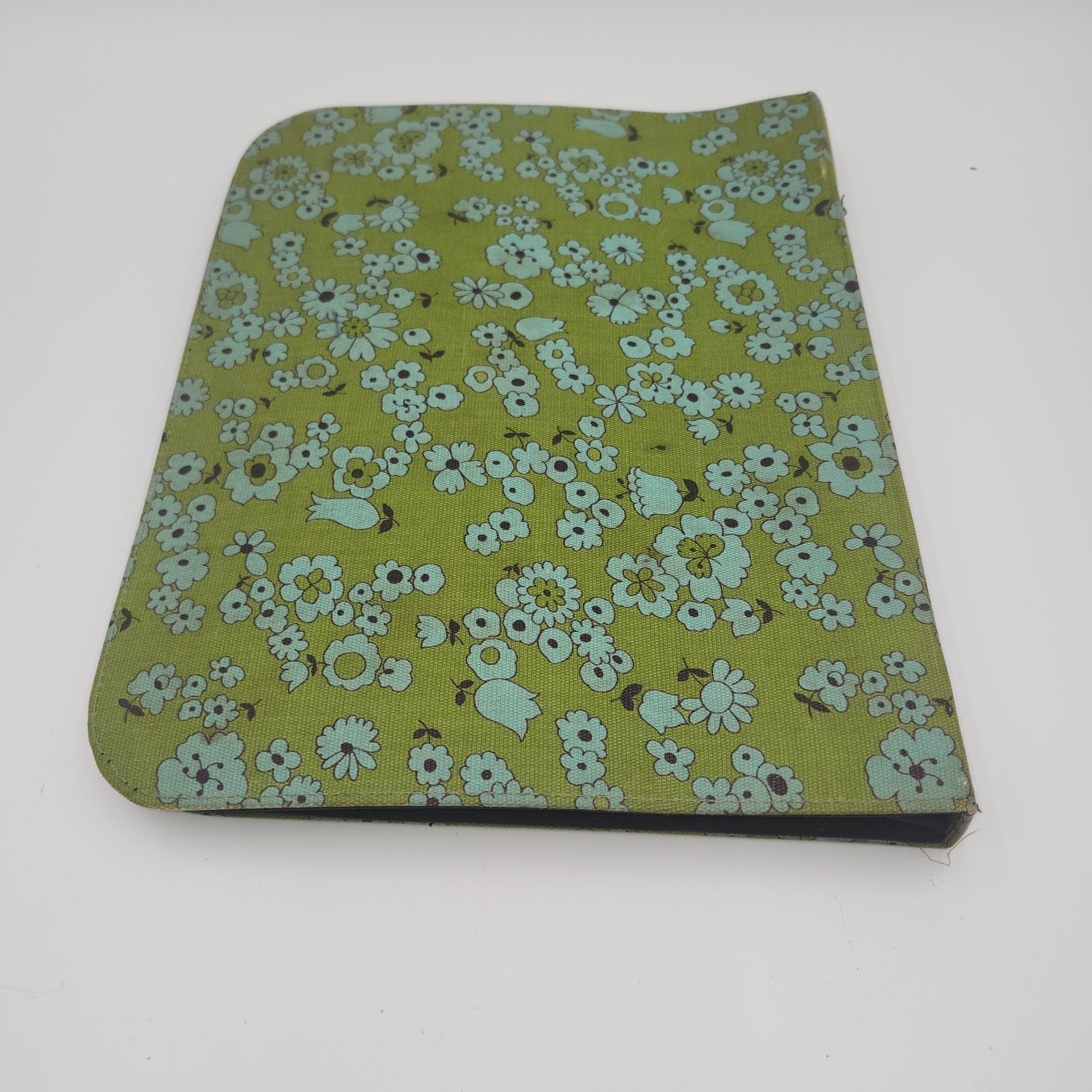 Vintage 70's fabric covered storage binder flowers avocado green storage pockets