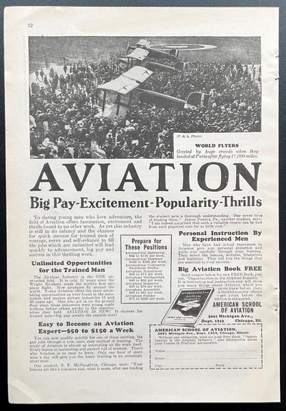 American School of Aviation 1925 print AD Big Pay~Excitement~Popularity~Thrills