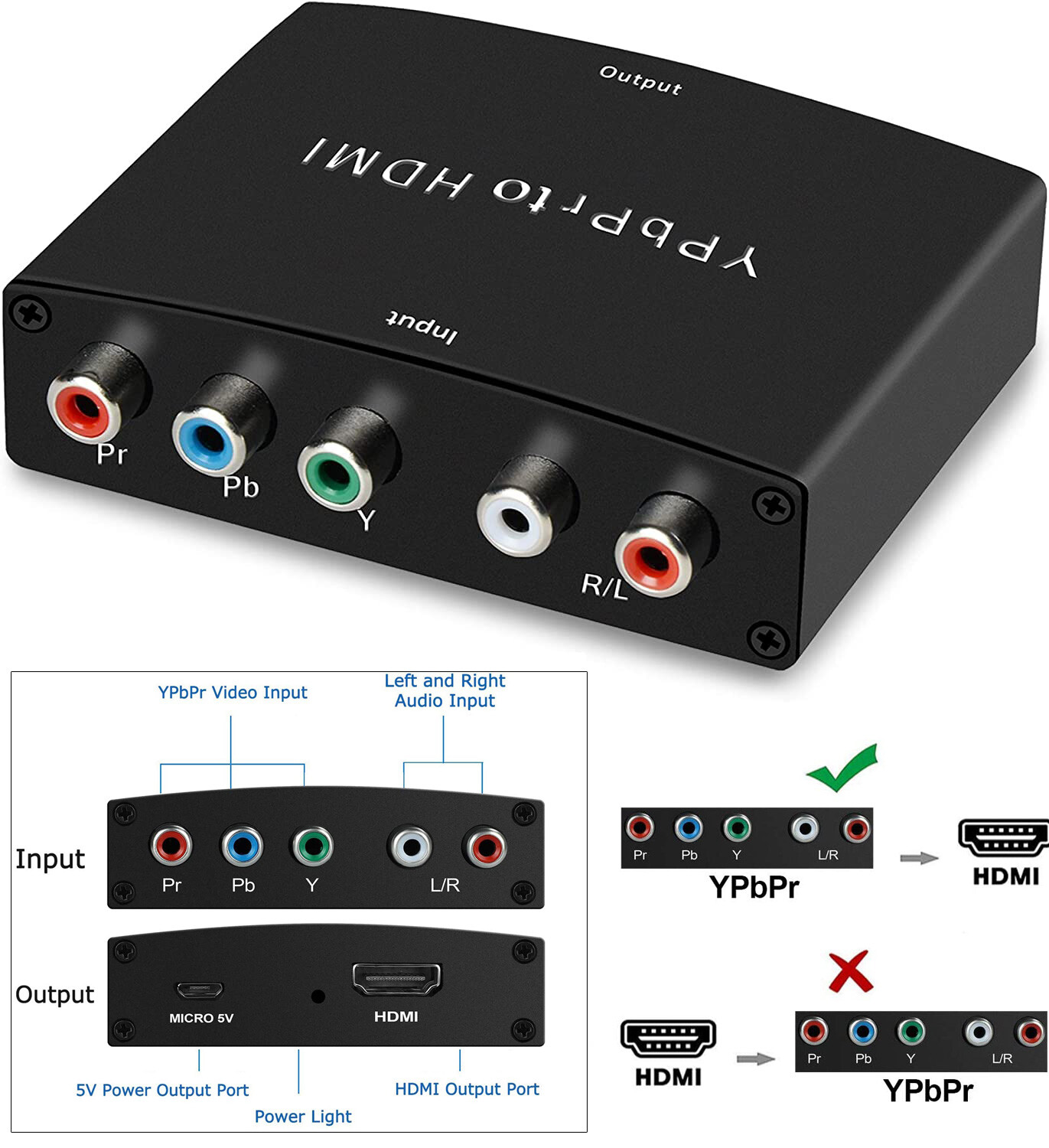 Component to HDMI Adapter YPbPr 5RCA To HDMI Coverter R/L 1080P Video Audio