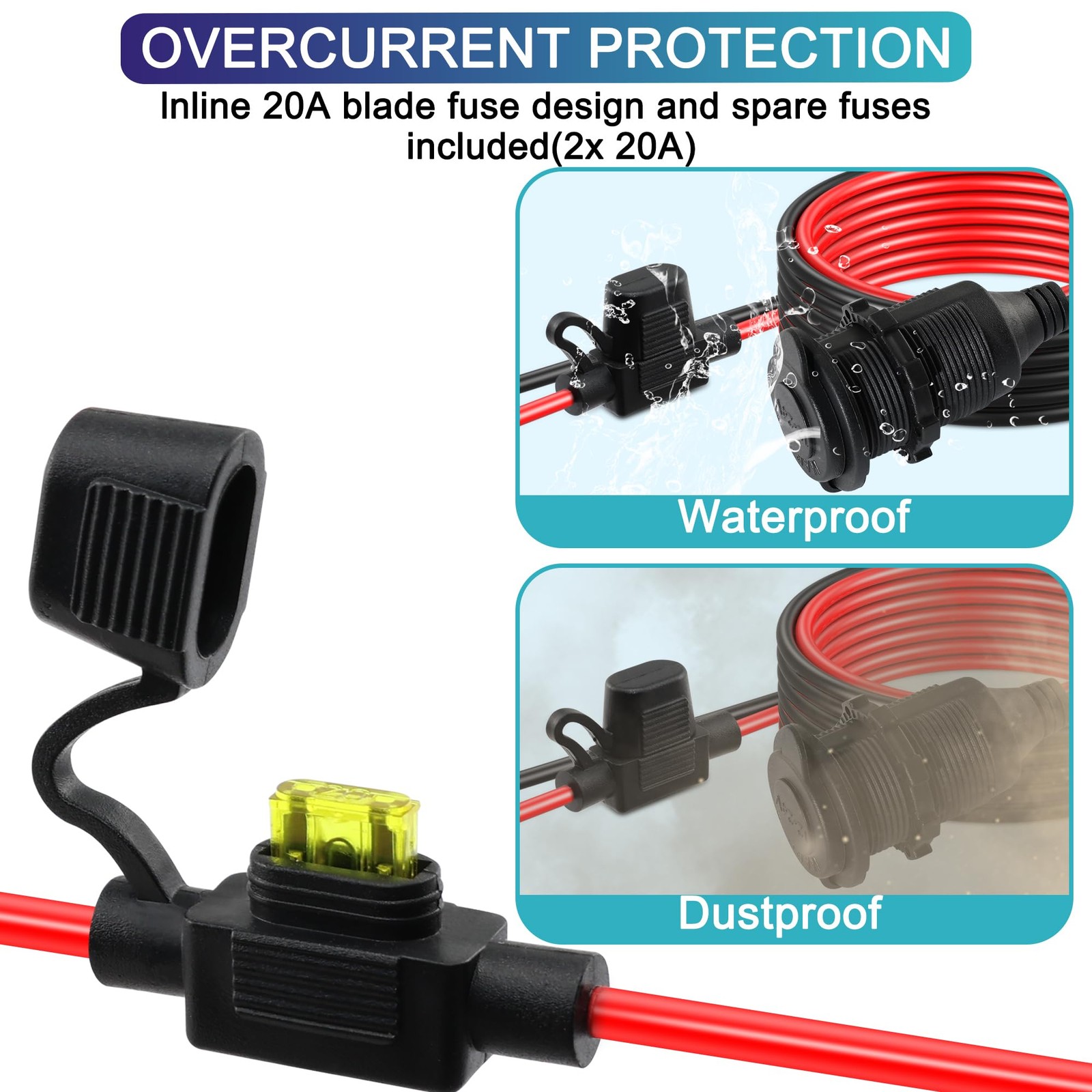 2V 24V Cigarette Lighter Socket to Ring Terminal Cable 14AWG 20A Waterproof