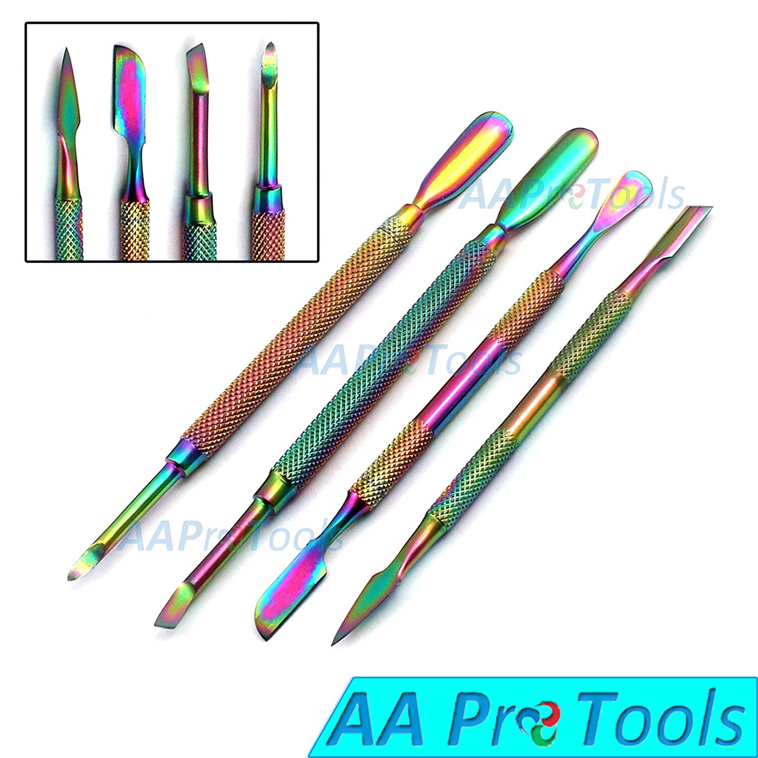 4 Cuticle Pusher Remover With Rainbow-Multi Stainless Steel Manicure Nail Art