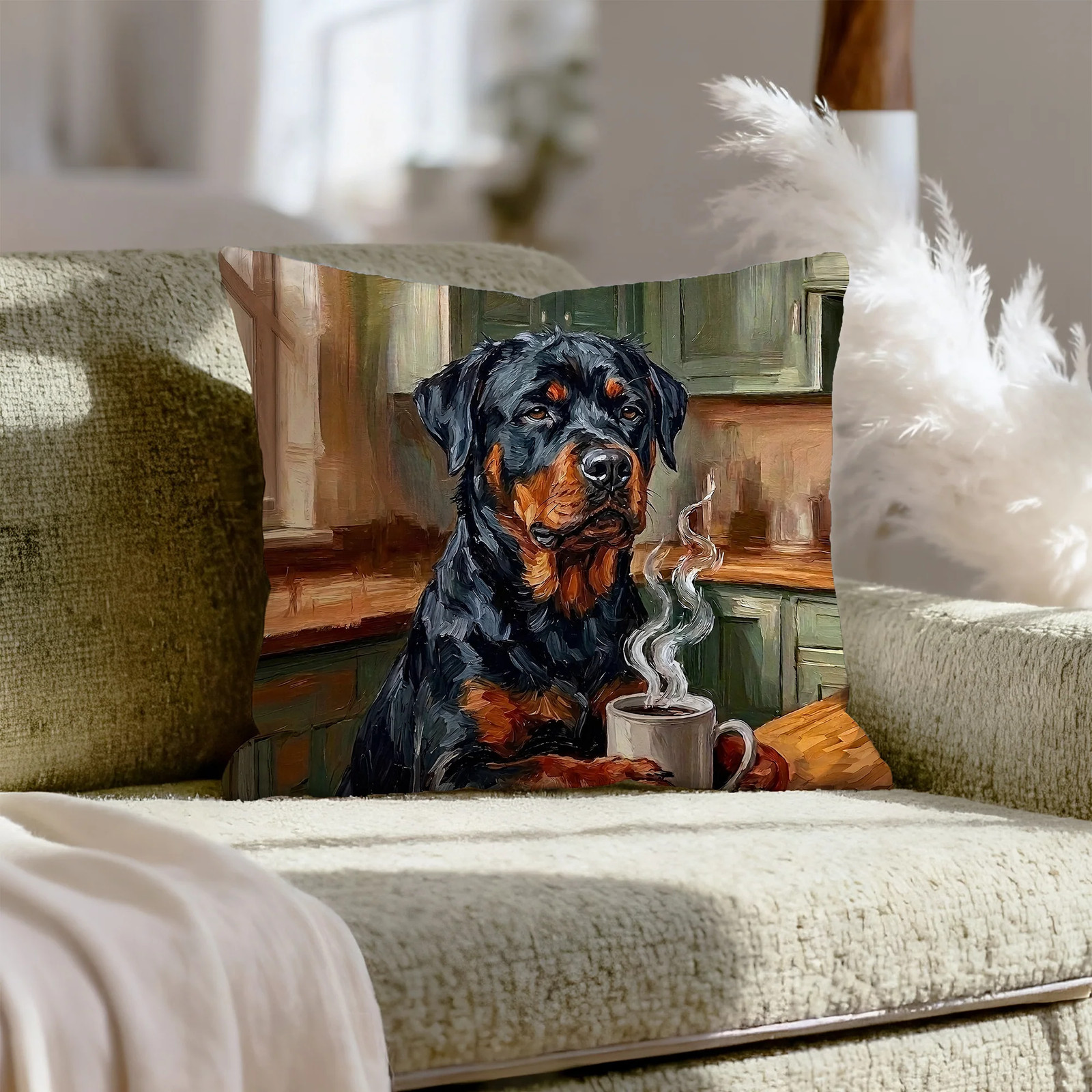 "Before Coffee" - Rottweiler Pillow Cover - Dog Lover Home Decor