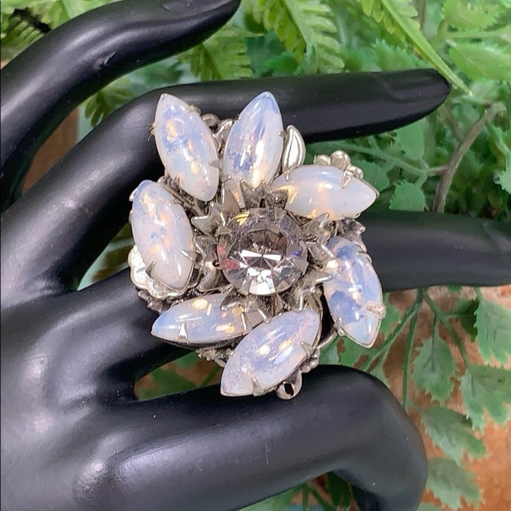 Adorned Crown artisan assemblage moonstone rhinestone cocktail ring