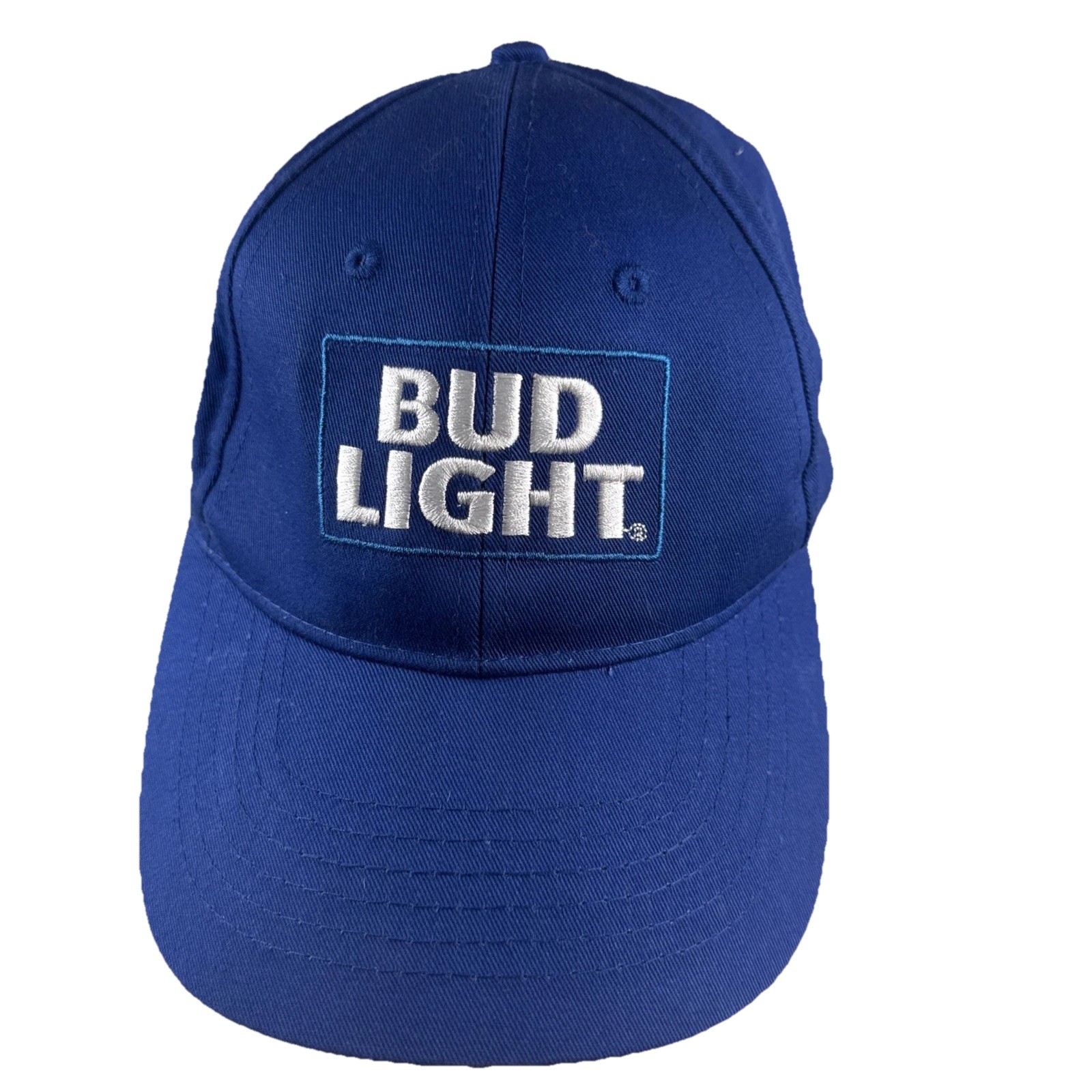 Bud Light in white on Royal blue Hat Cap St. Louis brewery Hook Loop K-Products