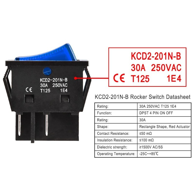 High Current Rocker Switch 30A 250VAC ON OFF 2 Position DPST 4 Terminals Blue
