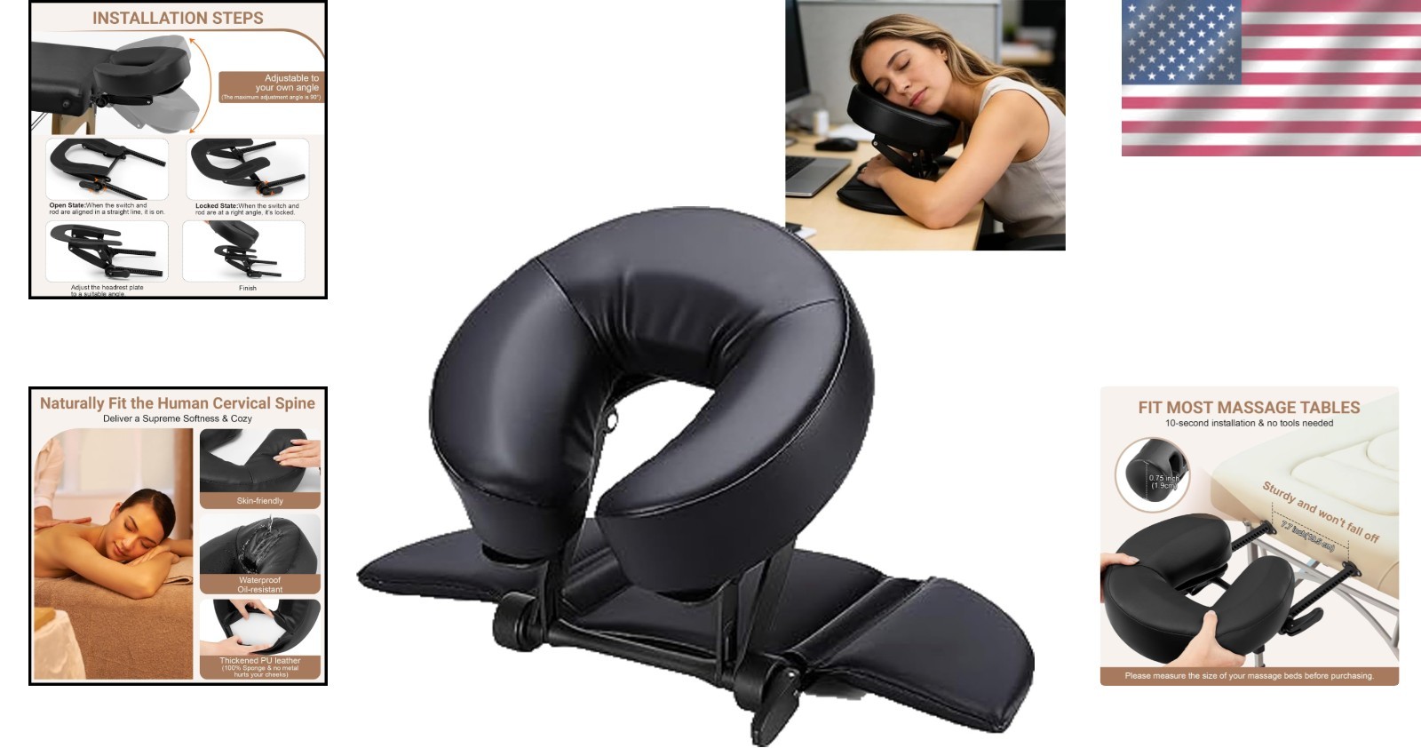 Face Down Tabletop Massage Kit Adjustable Face Cradle and Arm Rest Pad Black