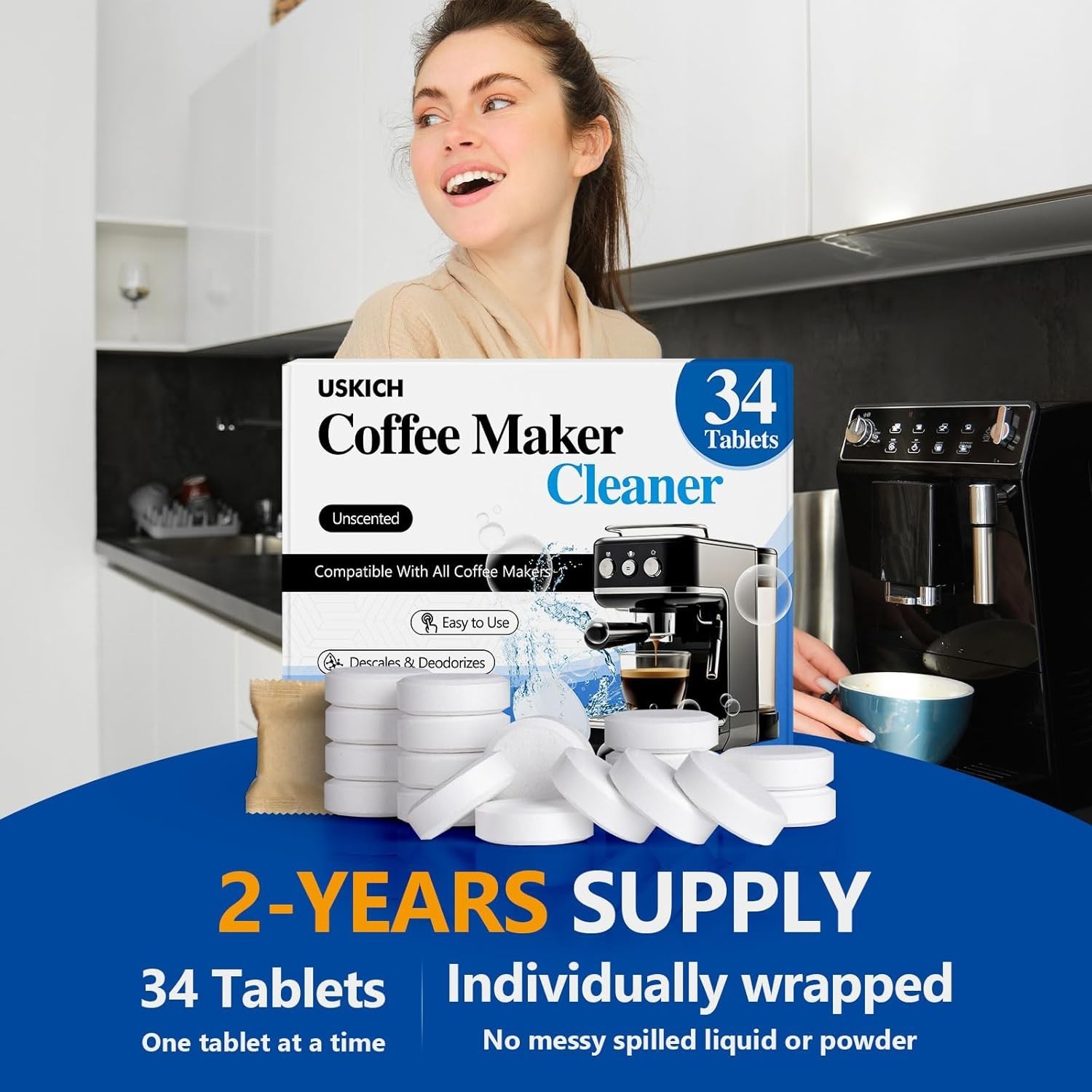 Safe & Easy Coffee Machine Cleaner Tablets - 34 Pack for Fresh Tasting Brews