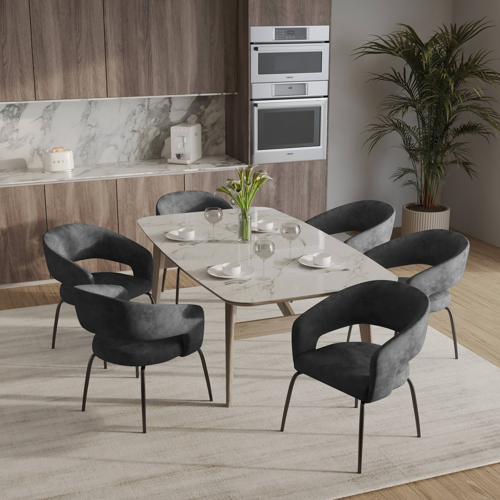 Dining Chair in Velvet with Open Curved Backrest Iron Base in Charcoal
