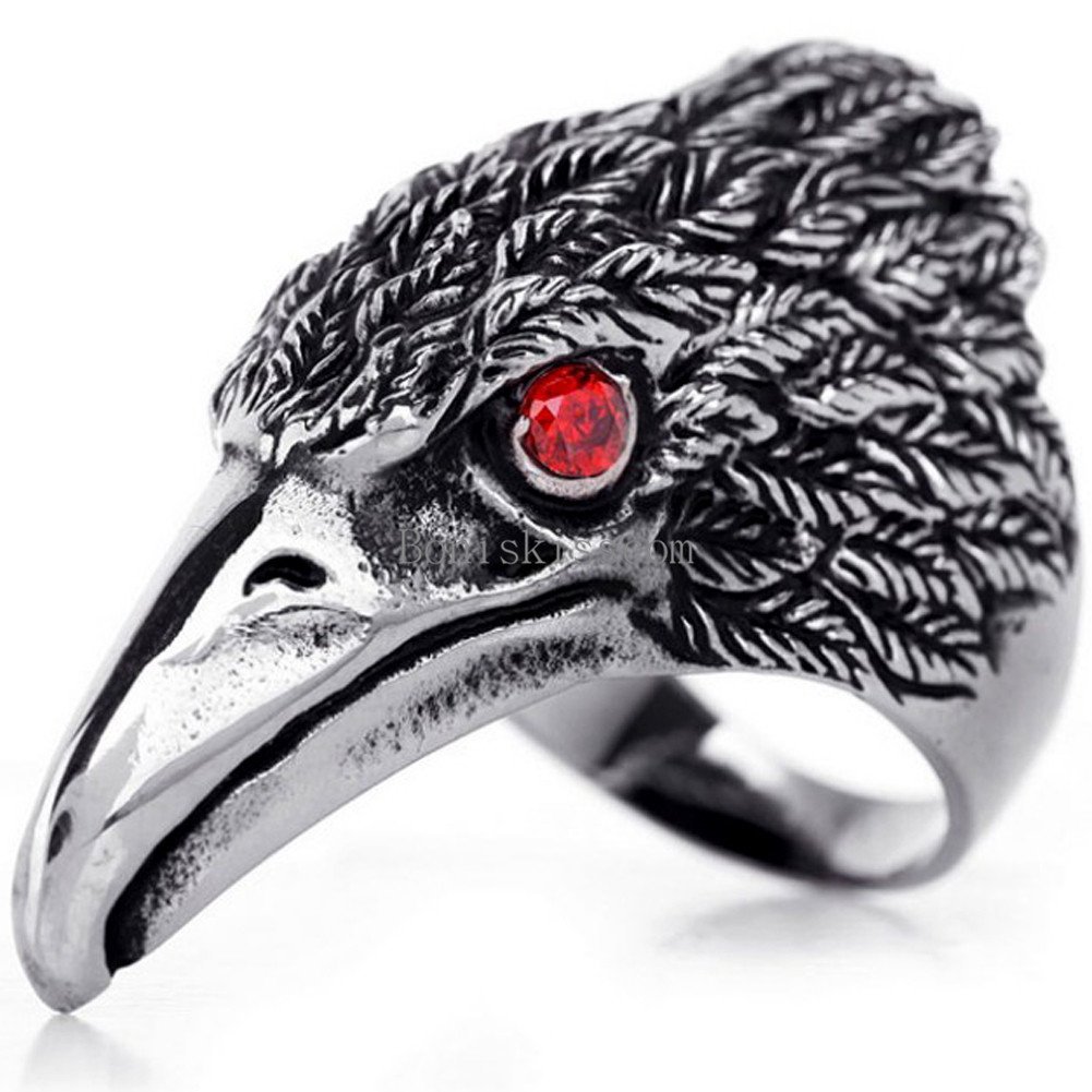 Stainless Steel Band Hawk Eagle Ring Red CZ Eyes Mens Punk Biker Black Silver