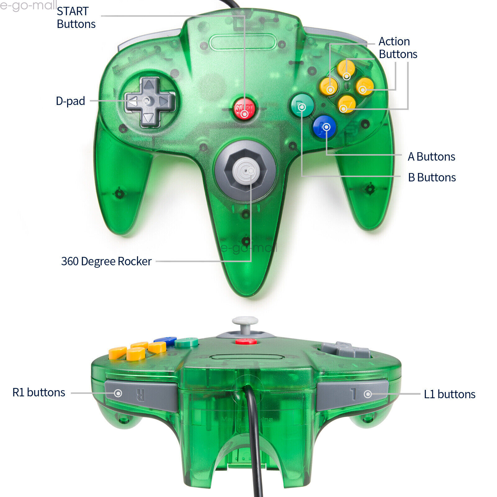 Wired N64 Controller Joystick Gamepad for Nintendo 64 System Video Game Green